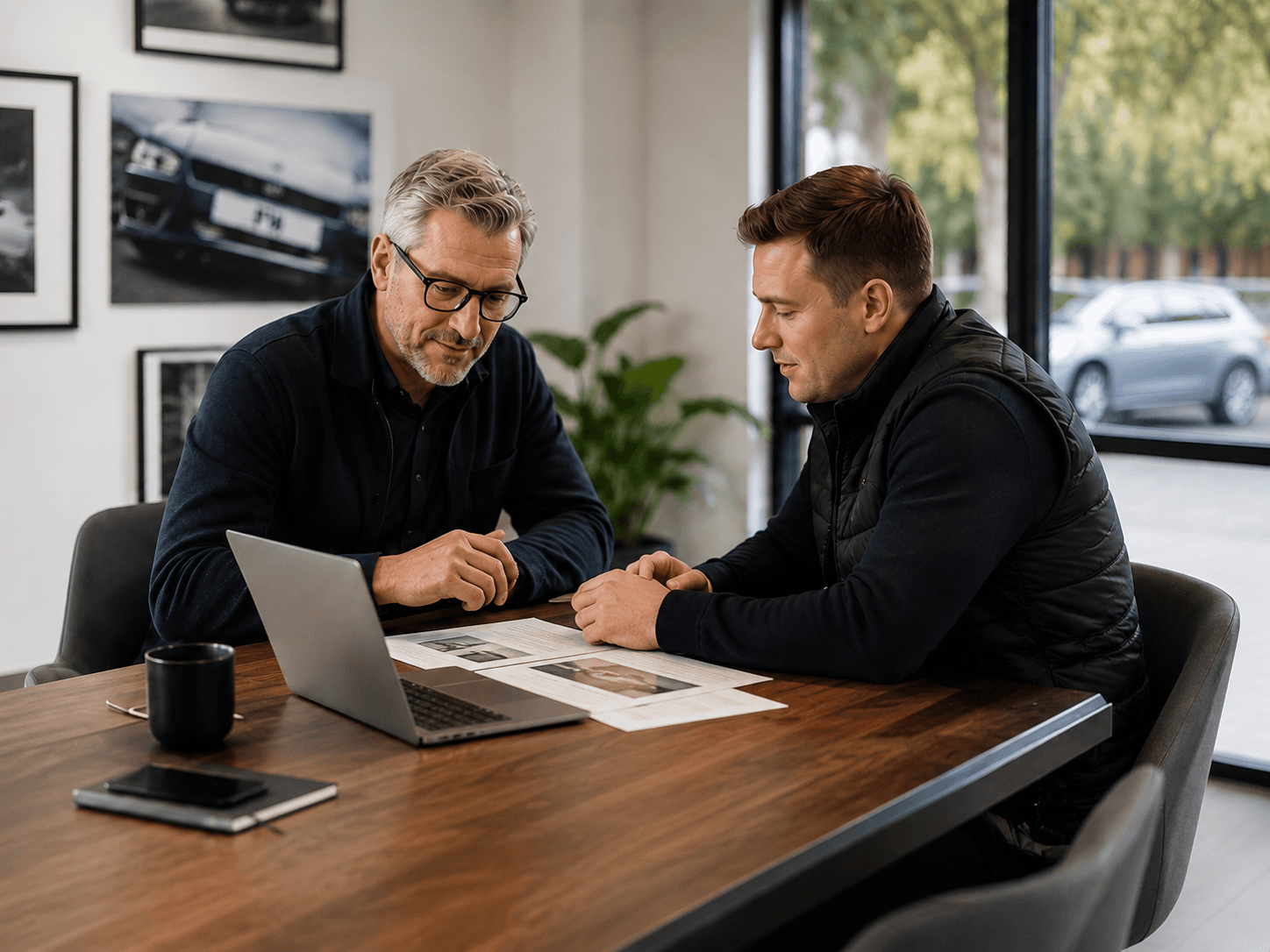 Two automotive plate specialists reviewing documents in a dealer office