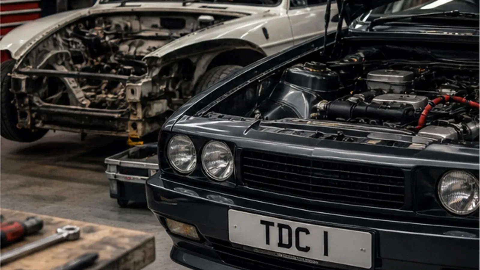 Classic performance car in a workshop with Top Dead Centre-inspired plate