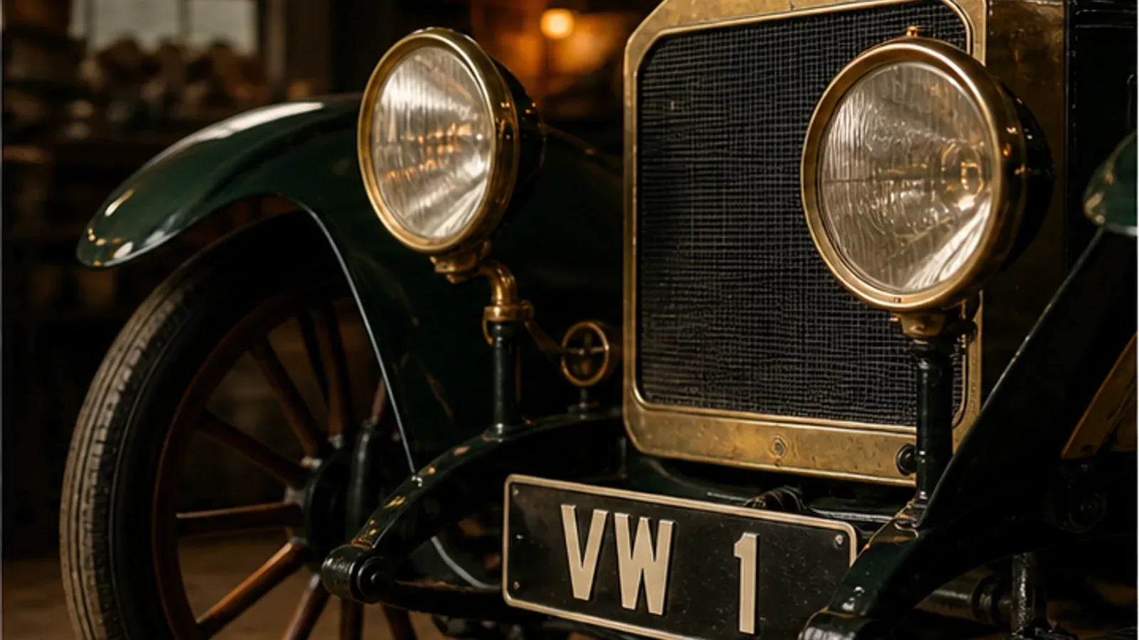 Vintage Volkswagen with VW 1 number plate in a classic garage